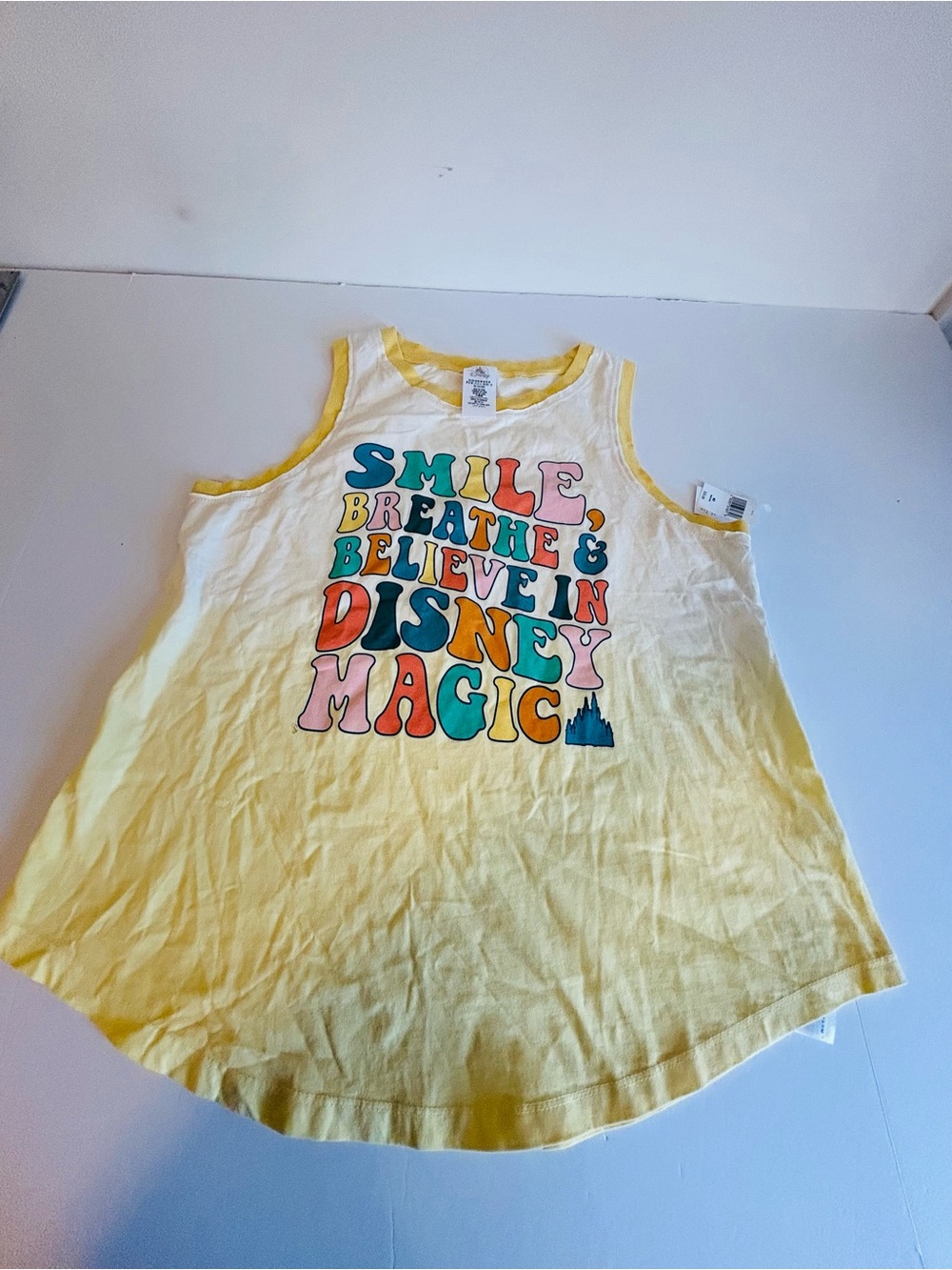NWT Disney Yellow Tank Top with Multicolor 'Smile, Breathe & Believe' Graphic